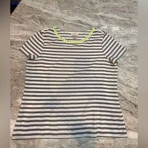 LOFT Striped Blouse L Gray White Neon Embellished Neck Short Sleeve Top